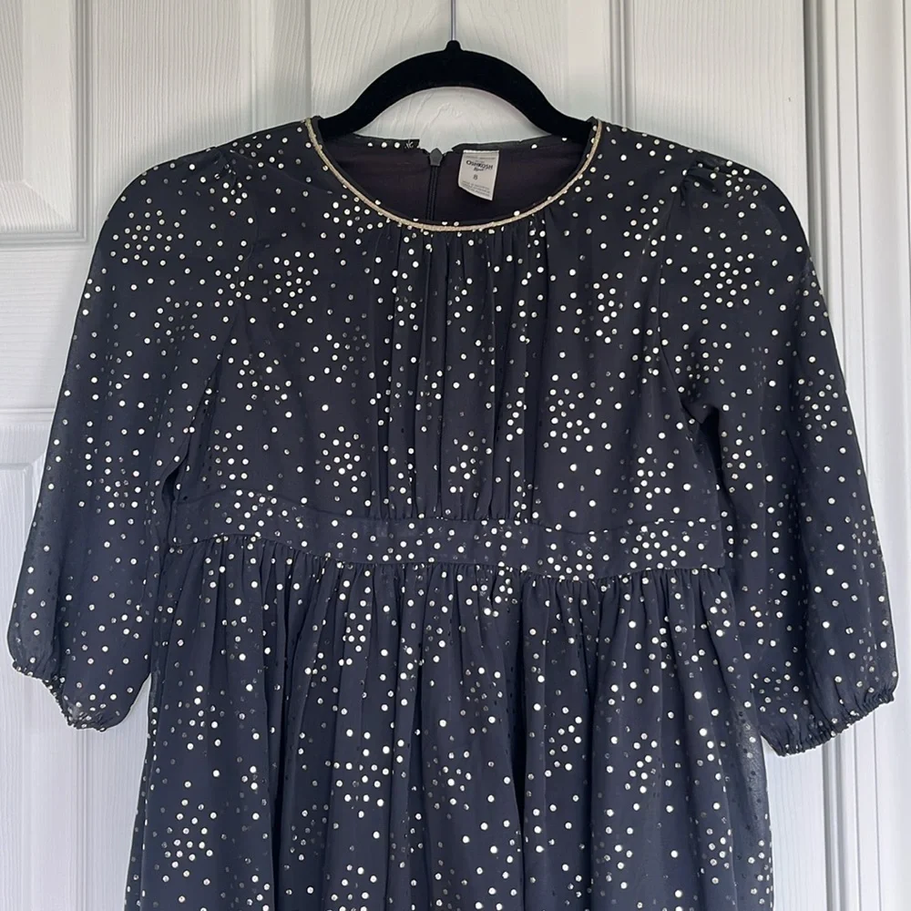 OshKosh 3/4 Sleeve Party Dress Gray with Gold Sparkle Polka Dots Girl’s Size 8